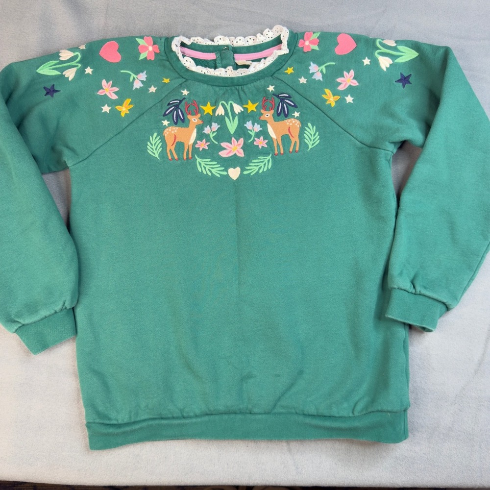 Mini Boden Girls Green Embroidered Deer Lace Collar Sweatshirt 12-13Y